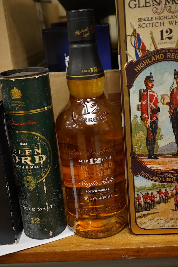 Five bottles of whisky and a half-bottle to include Highland Speyside single malt, aged 12 years and Pipers finest Scot whisky. Condition - fair